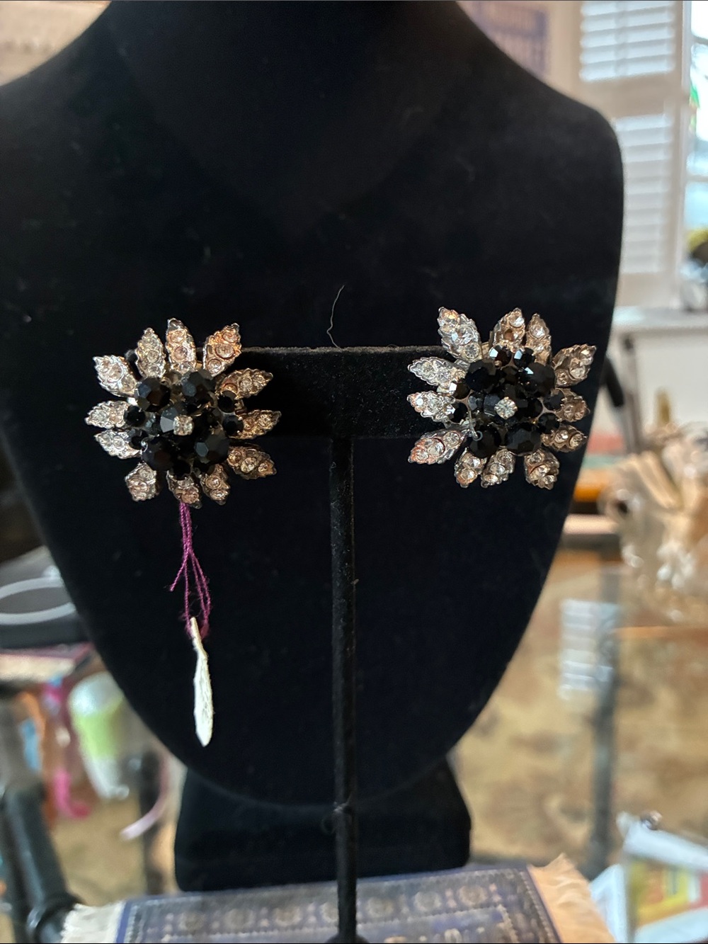Crystal Floral Cluster Earrings in Black and Silver